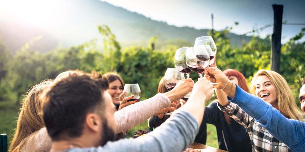 Séjours circuit, séjour œnologie au Pays Basque, groupe d'amis passant un bon moment avec leur verre de vin rouge, le tourisme basque.